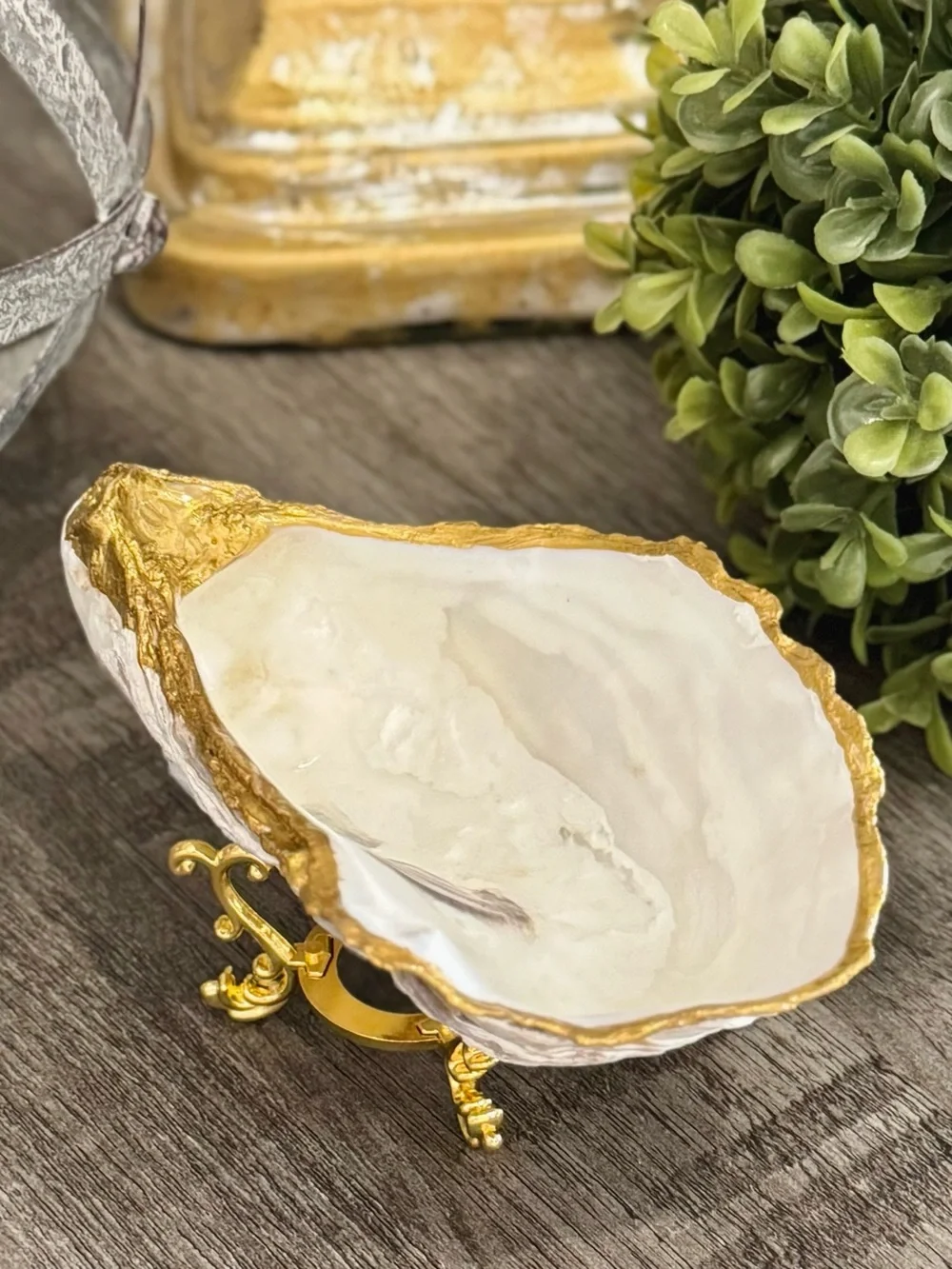 Giant Oyster Shell Jewelry Dish with Gold Stand Hand Painted